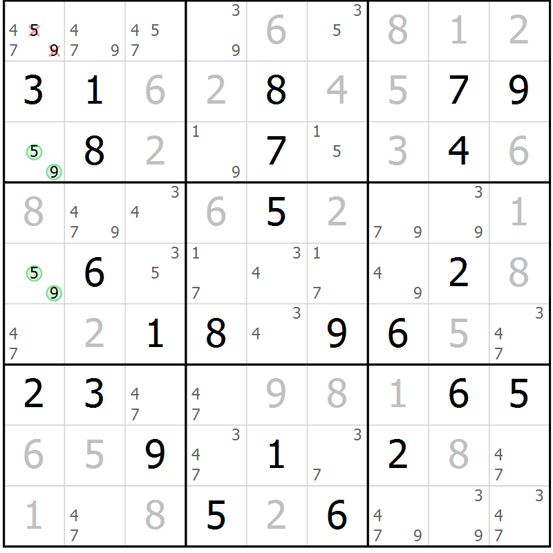 Position des candidats pour la solution de la Gr 81 page 84 du magazine de sudoku Virtuose n° 109