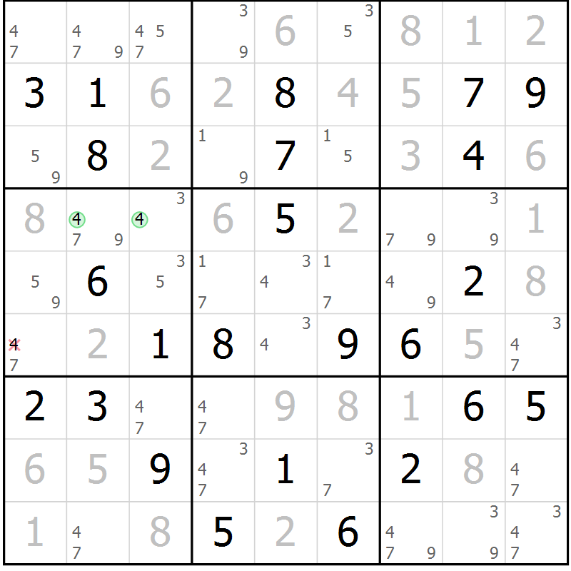 Position des candidats pour la solution de la Gr 81 page 84 du magazine de sudoku Virtuose n° 109