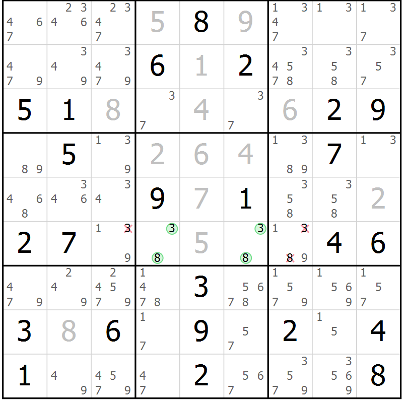 Position des candidats pour la solution de la Gr 82 page 85 du magazine de sudoku Virtuose n° 109