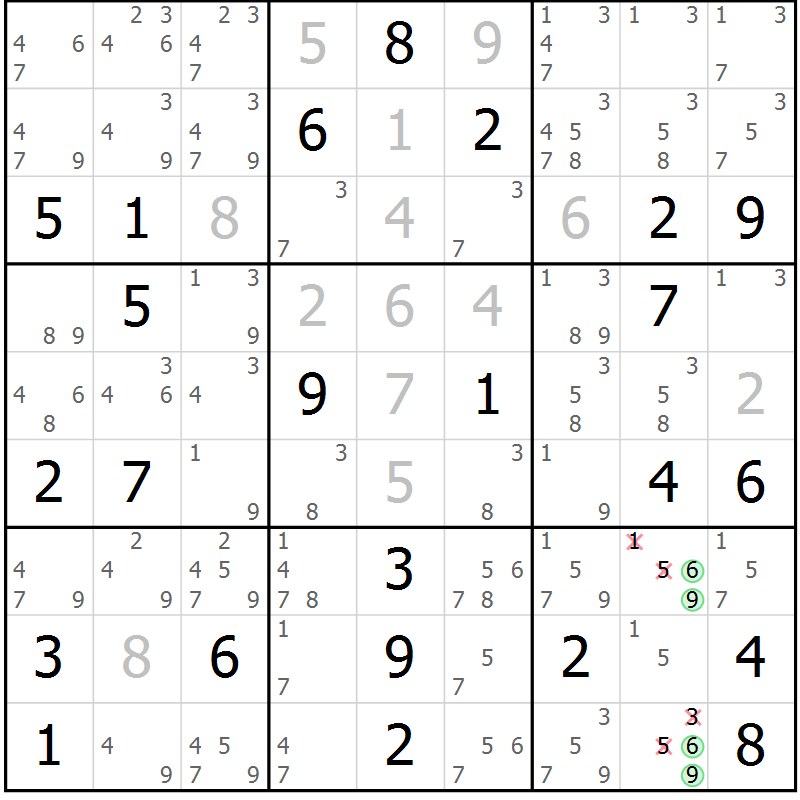 Position des candidats pour la solution de la Gr 82 page 85 du magazine de sudoku Virtuose n° 109