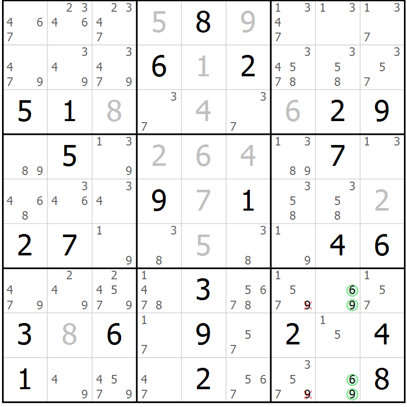 Position des candidats pour la solution de la Gr 82 page 85 du magazine de sudoku Virtuose n° 109