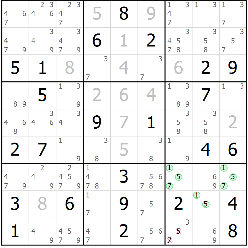 Position des candidats pour la solution de la Gr 82 page 85 du magazine de sudoku Virtuose n° 109