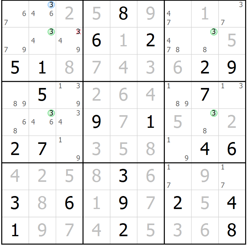 Position des candidats pour la solution de la Gr 82 page 85 du magazine de sudoku Virtuose n° 109