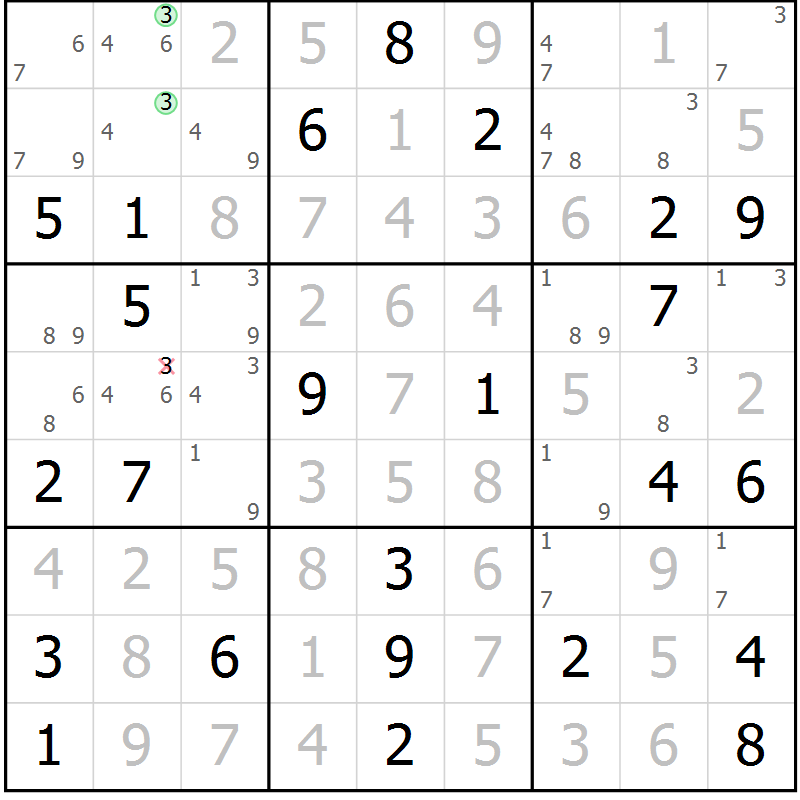 Position des candidats pour la solution de la Gr 82 page 85 du magazine de sudoku Virtuose n° 109
