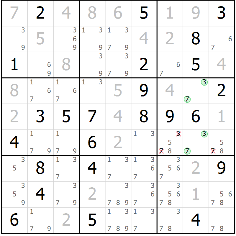 Position des candidats pour la solution de la Gr 83 page 86 du magazine de sudoku Virtuose n° 109