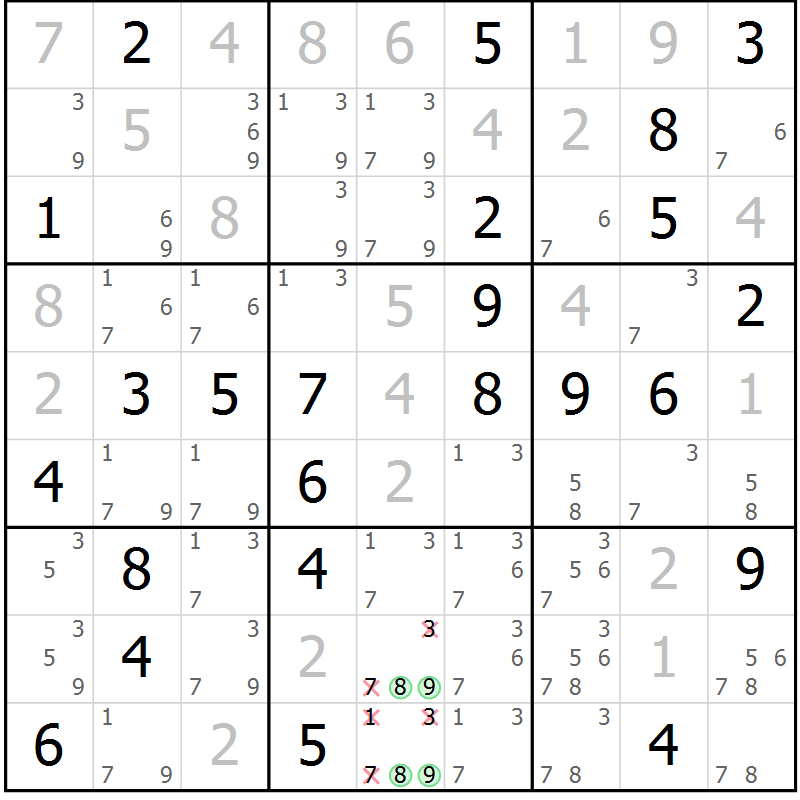 Position des candidats pour la solution de la Gr 83 page 86 du magazine de sudoku Virtuose n° 109