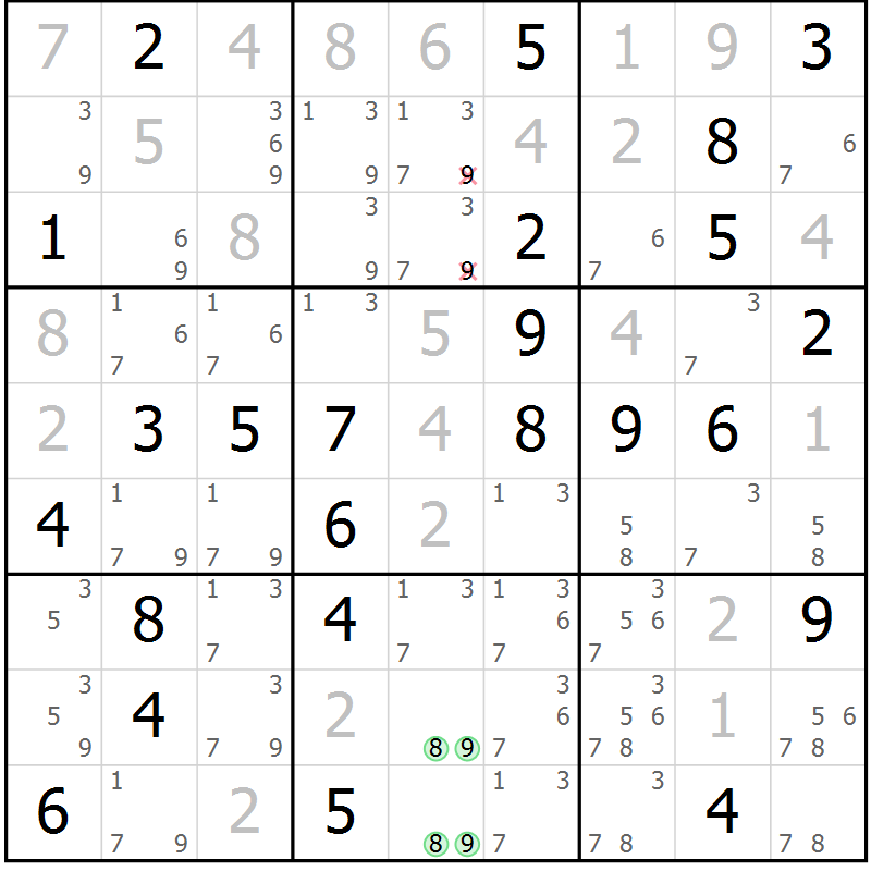 Position des candidats pour la solution de la Gr 83 page 86 du magazine de sudoku Virtuose n° 109
