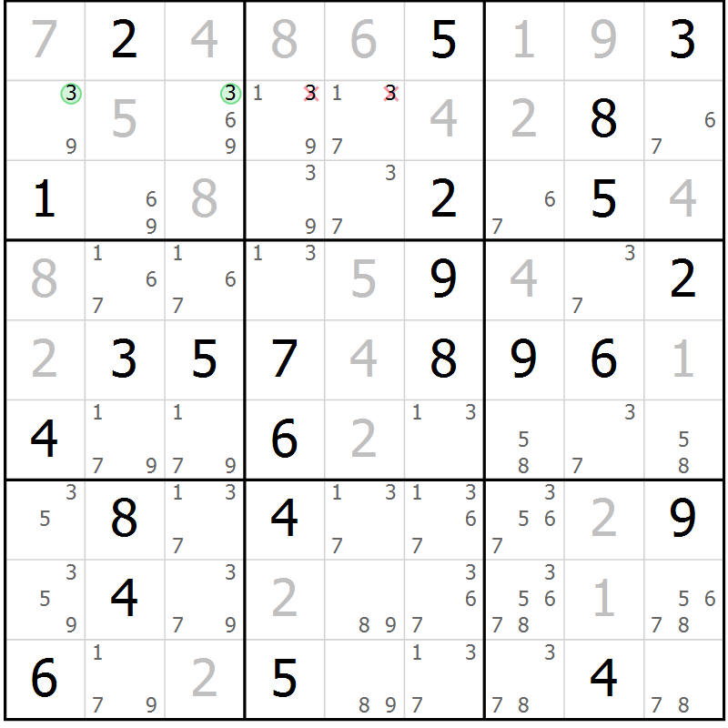 Position des candidats pour la solution de la Gr 83 page 86 du magazine de sudoku Virtuose n° 109