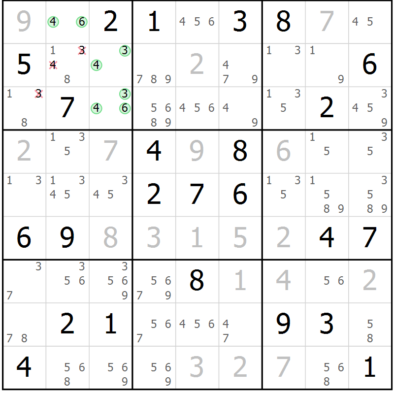 Position des candidats pour la solution de la Gr 84 page 87 du magazine de sudoku Virtuose n° 109