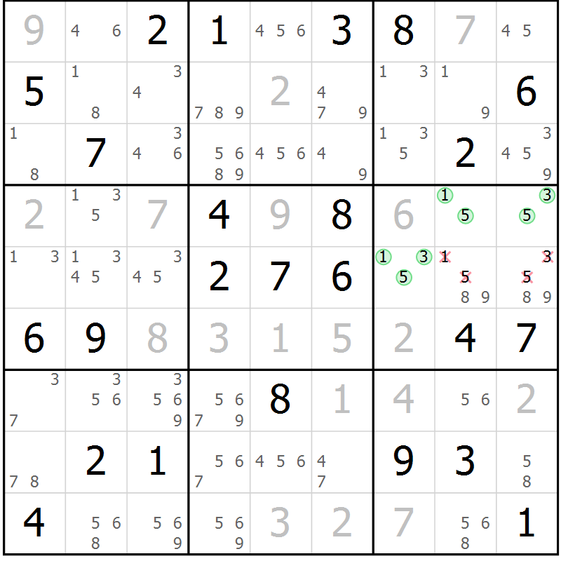Position des candidats pour la solution de la Gr 84 page 87 du magazine de sudoku Virtuose n° 109