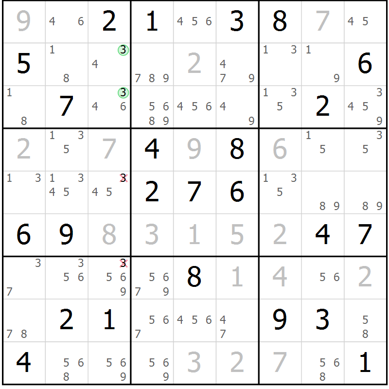 Position des candidats pour la solution de la Gr 84 page 87 du magazine de sudoku Virtuose n° 109