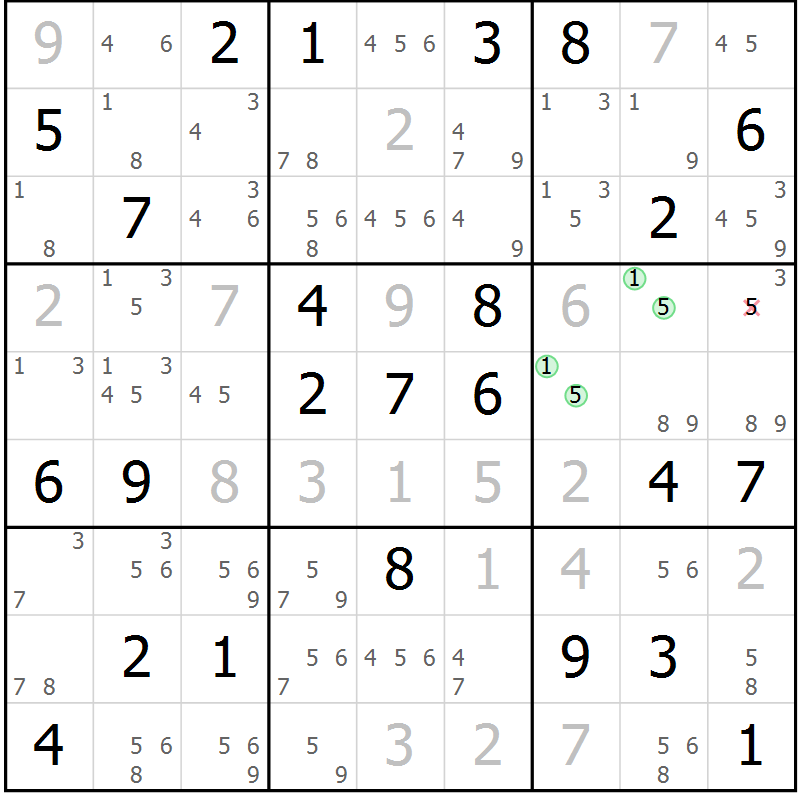 Position des candidats pour la solution de la Gr 84 page 87 du magazine de sudoku Virtuose n° 109