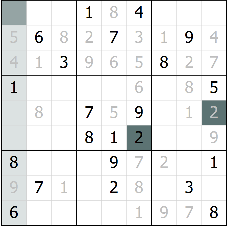 Position des candidats pour la solution de la Gr 9 page 12 du magazine de sudoku Virtuose n° 109