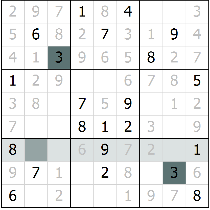Position des candidats pour la solution de la Gr 9 page 12 du magazine de sudoku Virtuose n° 109
