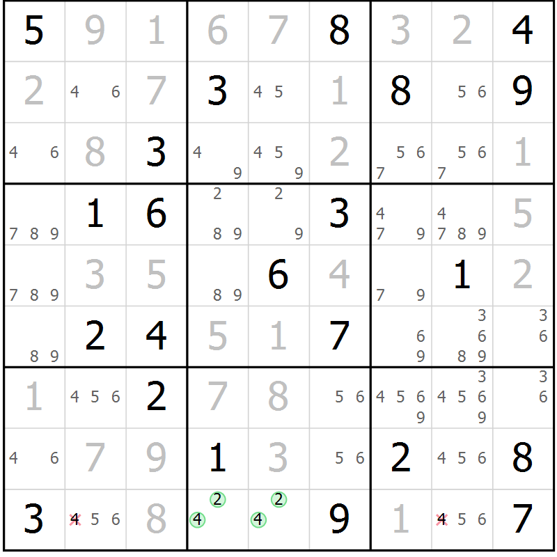 Position des candidats pour la solution de la Gr 1 page 4 du magazine de sudoku Virtuose n° 110