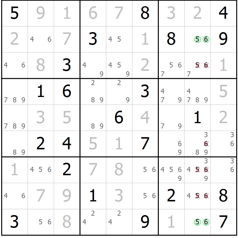 Position des candidats pour la solution de la Gr 1 page 4 du magazine de sudoku Virtuose n° 110