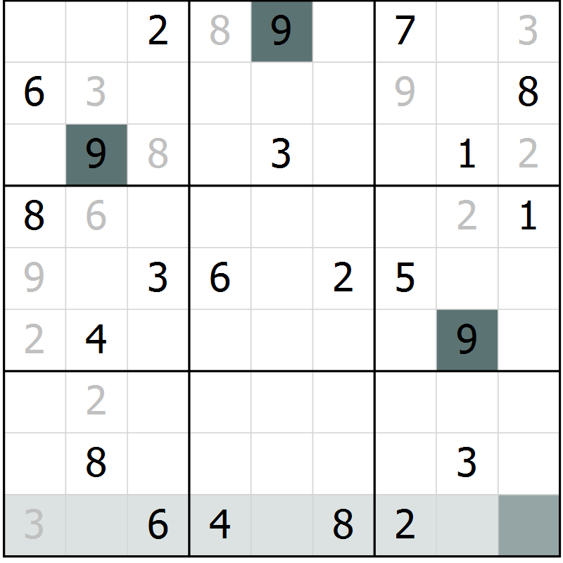 Position des candidats pour la solution de la Gr 10 page 13 du magazine de sudoku Virtuose n° 110