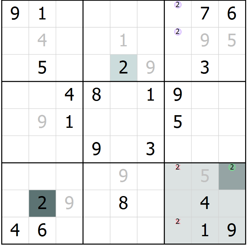 Position des candidats pour la solution de la Gr 11 page 14 du magazine de sudoku Virtuose n° 110