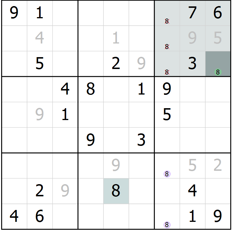 Position des candidats pour la solution de la Gr 11 page 14 du magazine de sudoku Virtuose n° 110