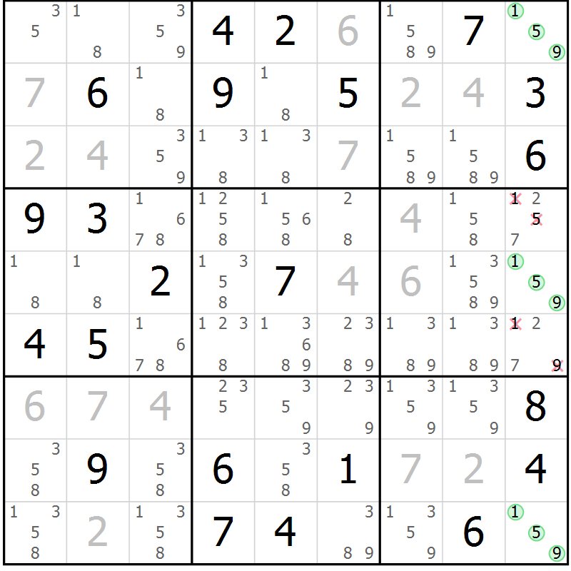 Position des candidats pour la solution de la Gr 13 page 16 du magazine de sudoku Virtuose n° 110
