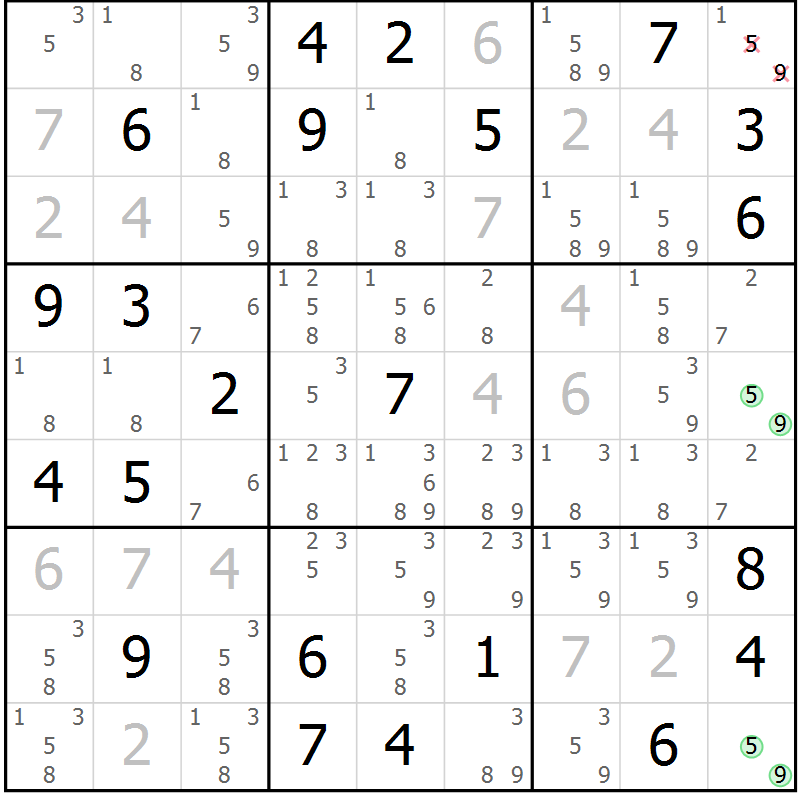 Position des candidats pour la solution de la Gr 13 page 16 du magazine de sudoku Virtuose n° 110