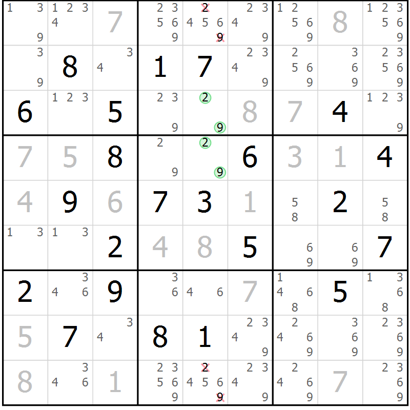 Position des candidats pour la solution de la Gr 14 page 17 du magazine de sudoku Virtuose n° 110