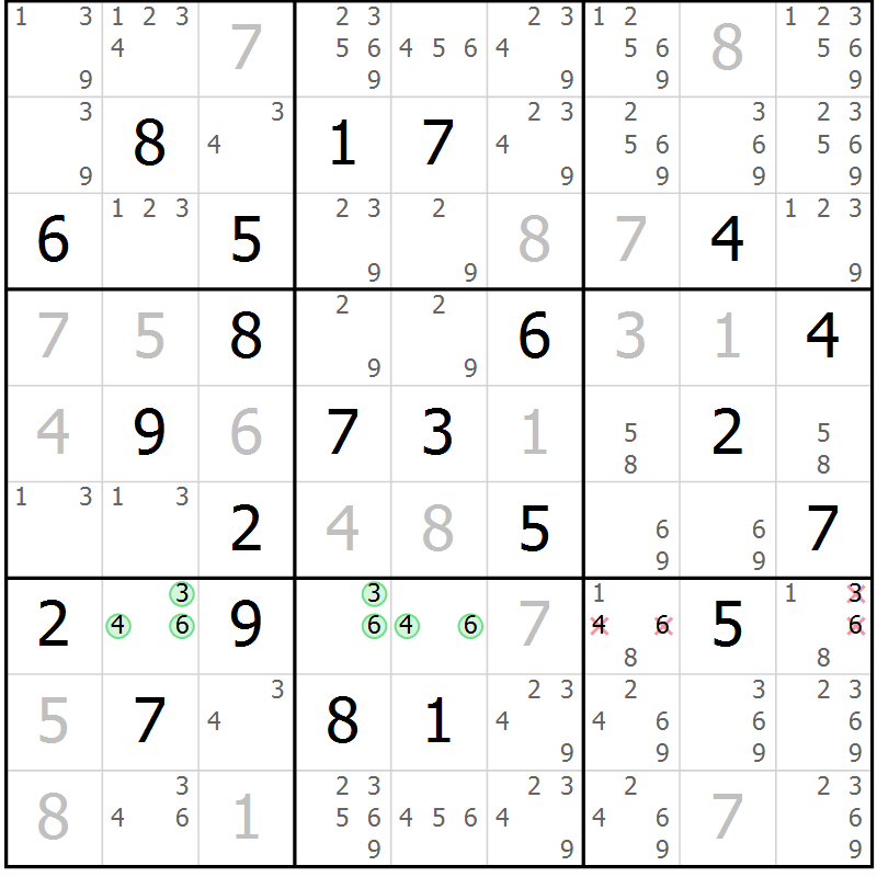 Position des candidats pour la solution de la Gr 14 page 17 du magazine de sudoku Virtuose n° 110