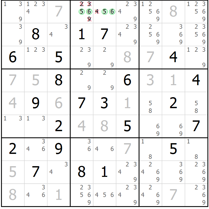Position des candidats pour la solution de la Gr 14 page 17 du magazine de sudoku Virtuose n° 110