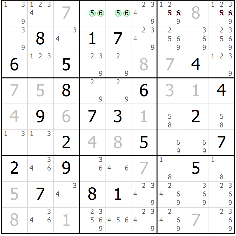 Position des candidats pour la solution de la Gr 14 page 17 du magazine de sudoku Virtuose n° 110