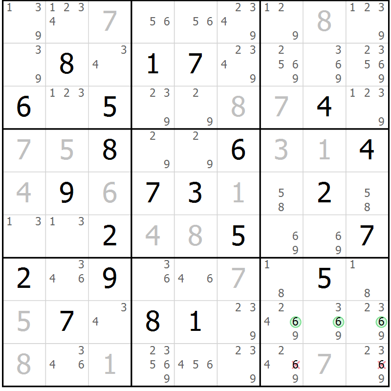 Position des candidats pour la solution de la Gr 14 page 17 du magazine de sudoku Virtuose n° 110