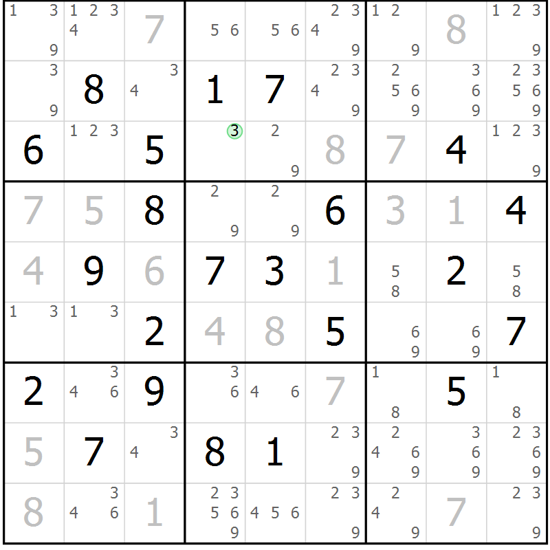 Position des candidats pour la solution de la Gr 14 page 17 du magazine de sudoku Virtuose n° 110