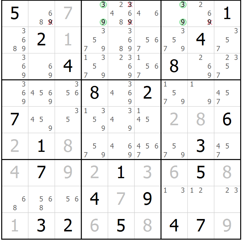 Position des candidats pour la solution de la Gr 15 page 18 du magazine de sudoku Virtuose n° 110