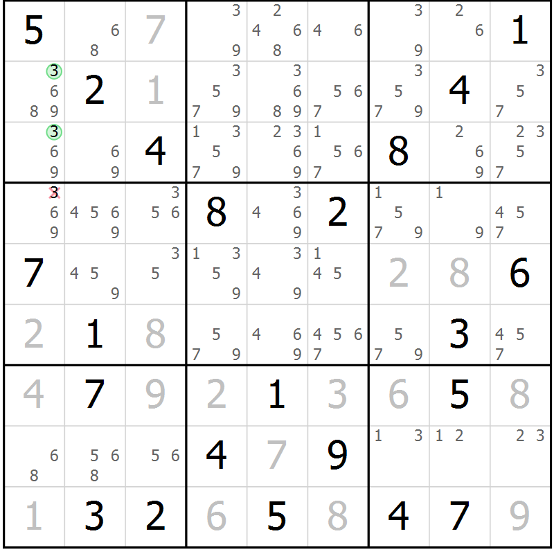 Position des candidats pour la solution de la Gr 15 page 18 du magazine de sudoku Virtuose n° 110