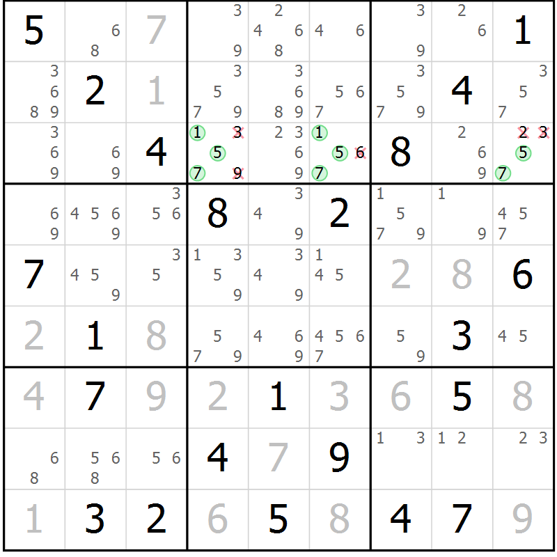 Position des candidats pour la solution de la Gr 15 page 18 du magazine de sudoku Virtuose n° 110