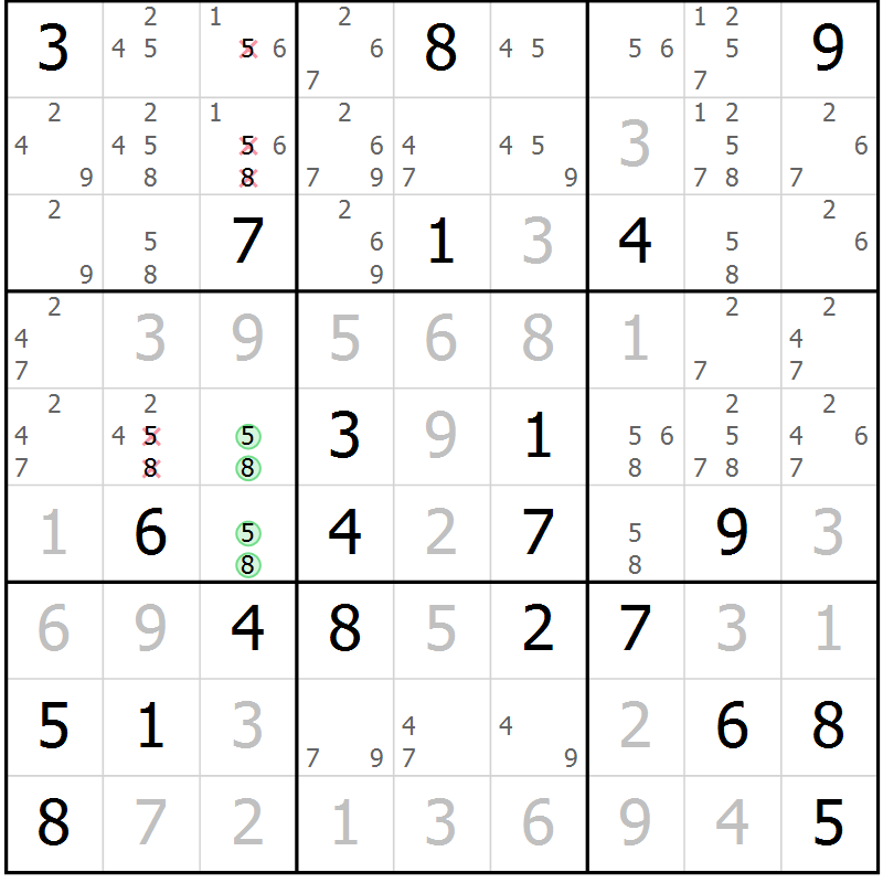 Position des candidats pour la solution de la Gr 16 page 19 du magazine de sudoku Virtuose n° 110