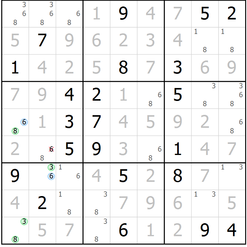 Position des candidats pour la solution de la Gr 18 page 21 du magazine de sudoku Virtuose n° 110