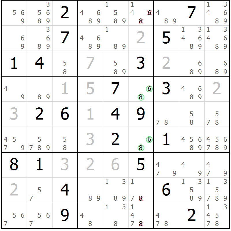 Position des candidats pour la solution de la Gr 2 page 5 du magazine de sudoku Virtuose n° 110