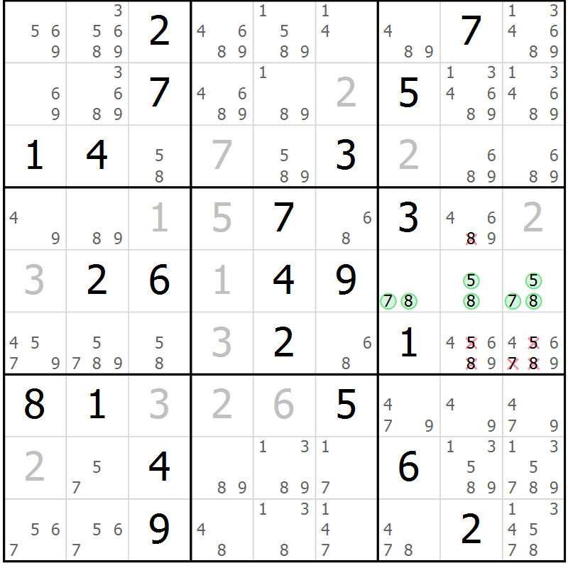Position des candidats pour la solution de la Gr 2 page 5 du magazine de sudoku Virtuose n° 110