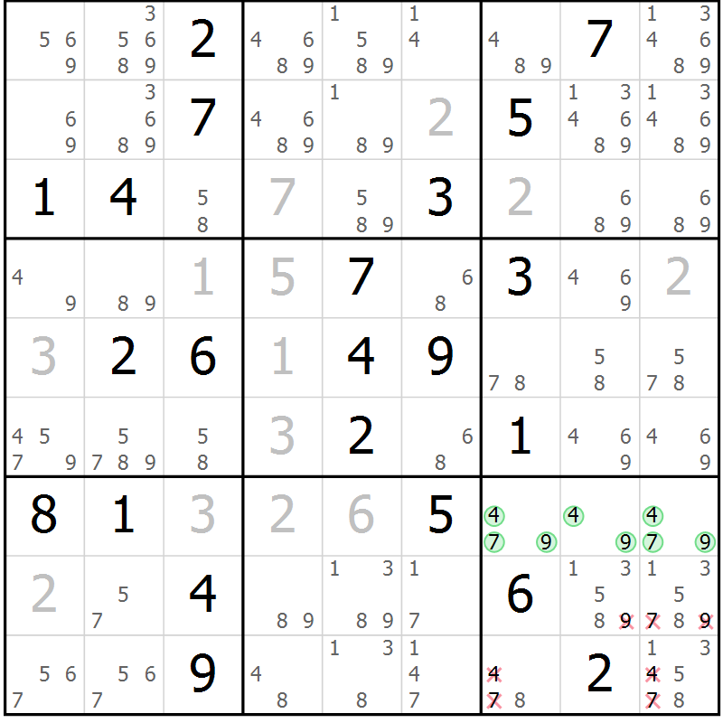 Position des candidats pour la solution de la Gr 2 page 5 du magazine de sudoku Virtuose n° 110
