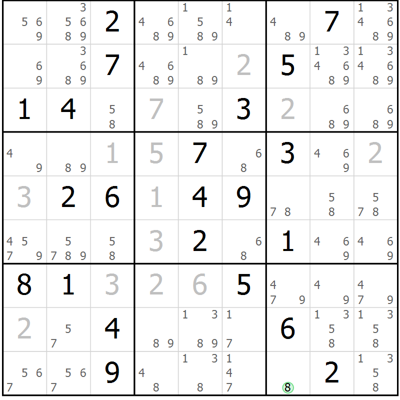 Position des candidats pour la solution de la Gr 2 page 5 du magazine de sudoku Virtuose n° 110