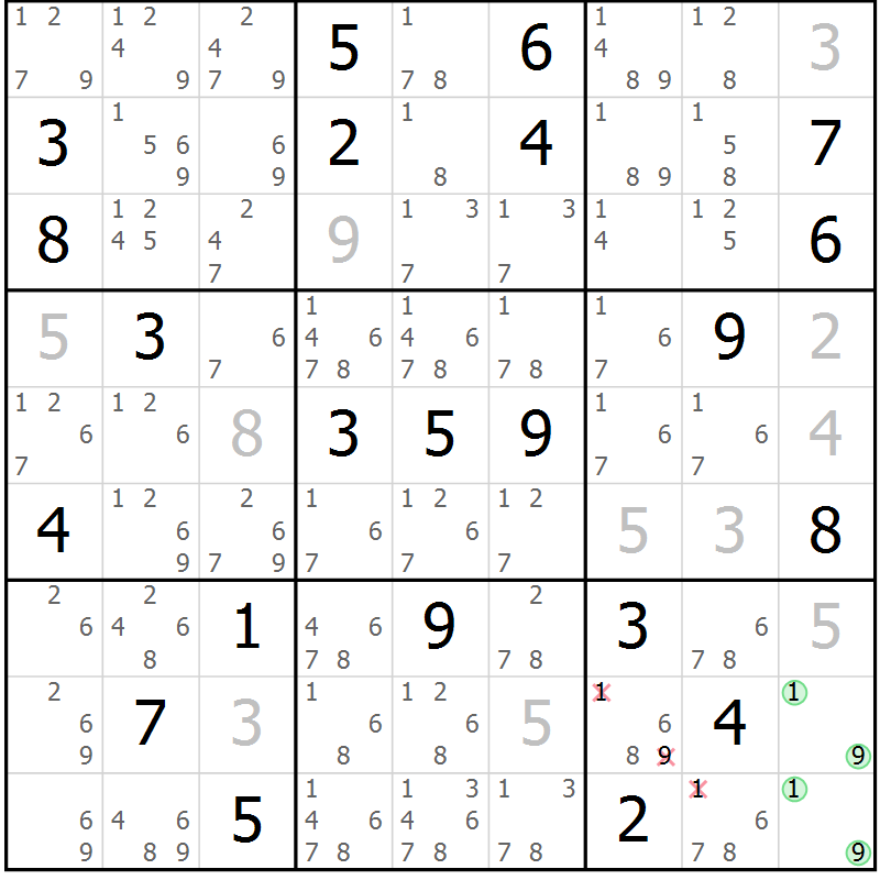 Position des candidats pour la solution de la Gr 21 page 24 du magazine de sudoku Virtuose n° 110