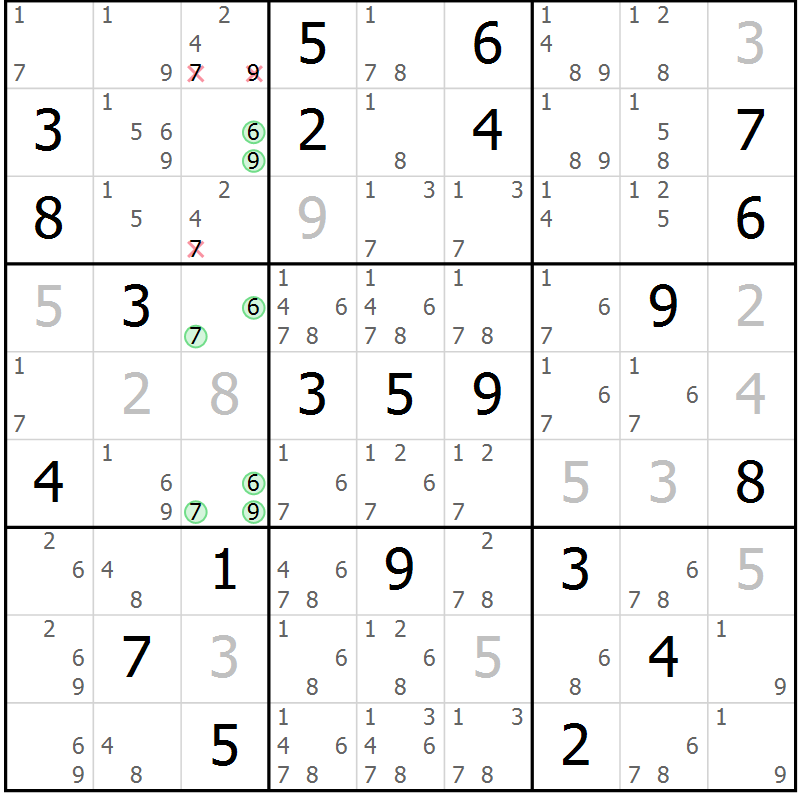Position des candidats pour la solution de la Gr 21 page 24 du magazine de sudoku Virtuose n° 110