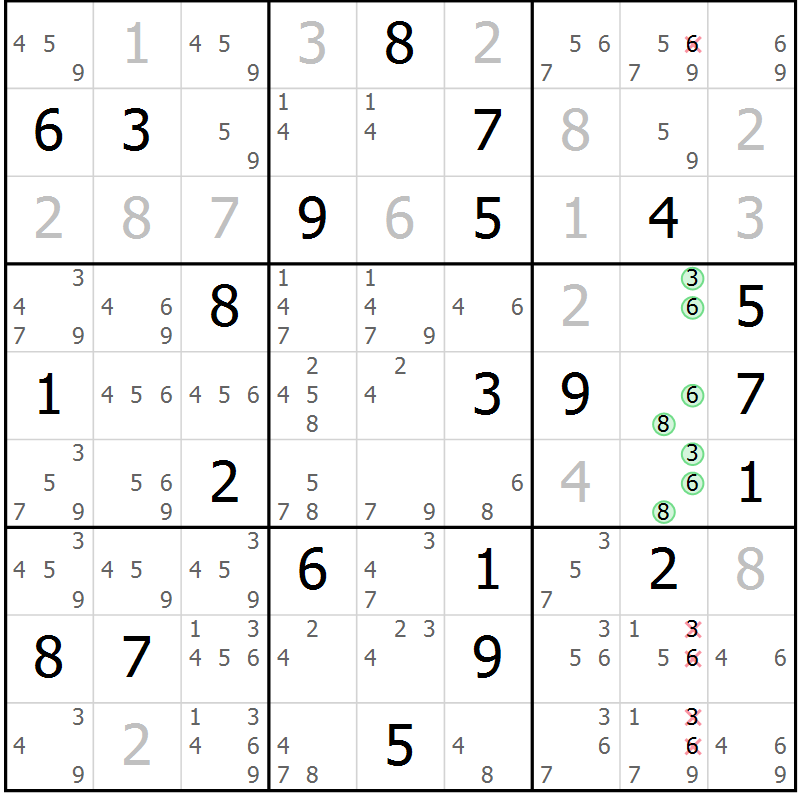 Position des candidats pour la solution de la Gr 22 page 25 du magazine de sudoku Virtuose n° 110