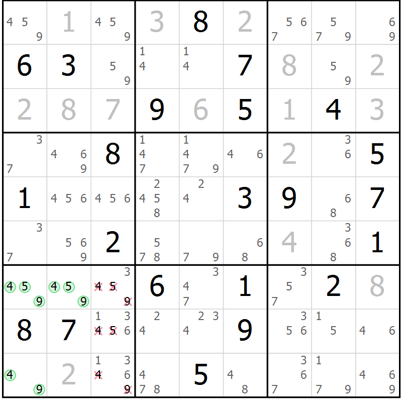 Position des candidats pour la solution de la Gr 22 page 25 du magazine de sudoku Virtuose n° 110