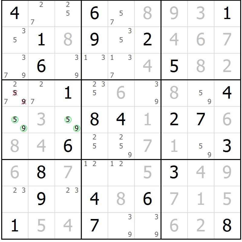 Position des candidats pour la solution de la Gr 23 page 26 du magazine de sudoku Virtuose n° 110