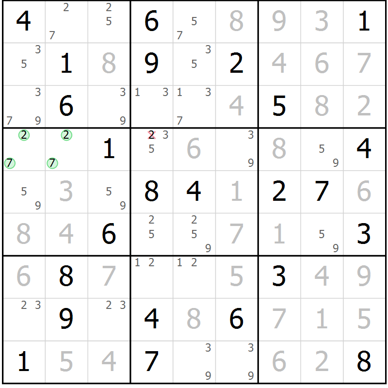 Position des candidats pour la solution de la Gr 23 page 26 du magazine de sudoku Virtuose n° 110