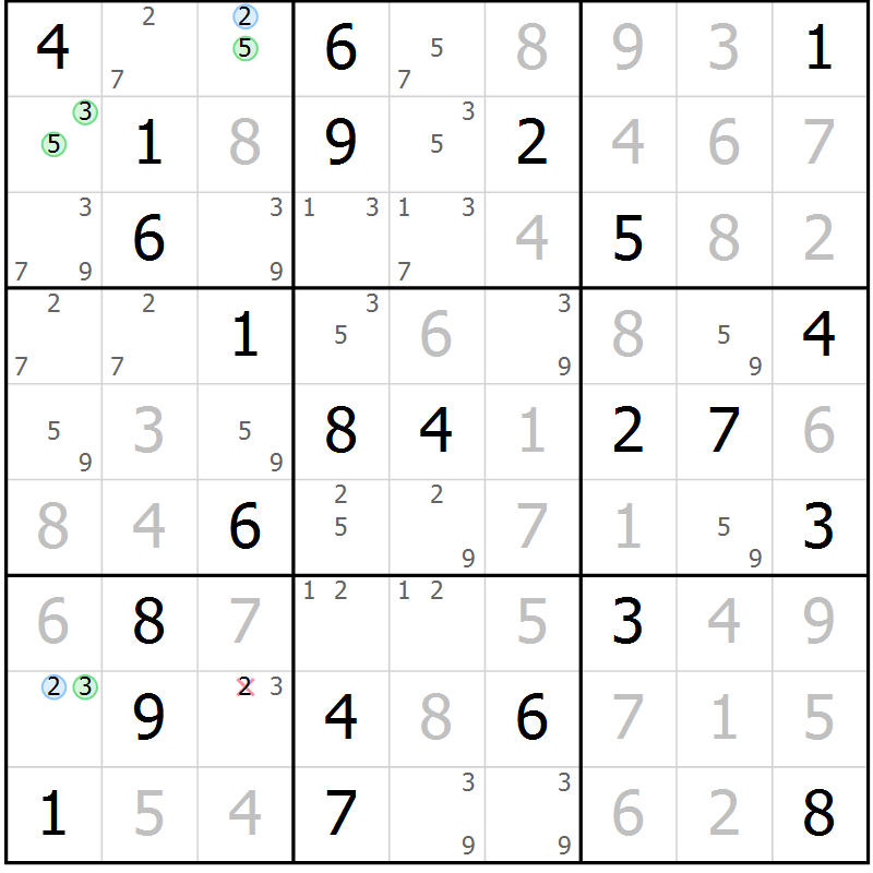 Position des candidats pour la solution de la Gr 23 page 26 du magazine de sudoku Virtuose n° 110