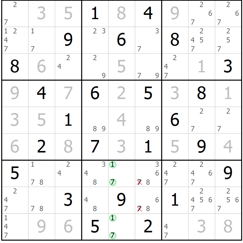 Position des candidats pour la solution de la Gr 25 page 28 du magazine de sudoku Virtuose n° 110