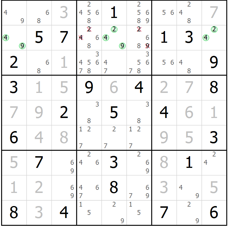 Position des candidats pour la solution de la Gr 26 page 29 du magazine de sudoku Virtuose n° 110