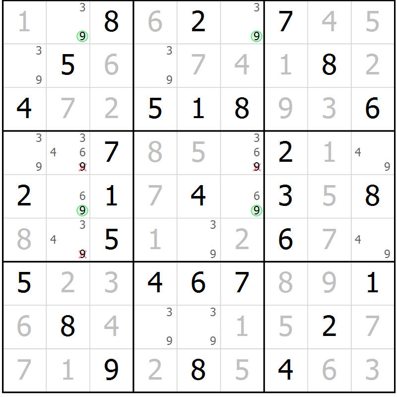 Position des candidats pour la solution de la Gr 29 page 32 du magazine de sudoku Virtuose n° 110